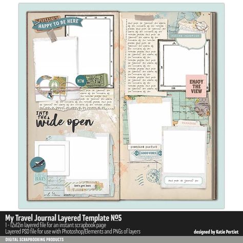 My Travel Journal Layered Template No. 05- Katie Pertiet #templates #templatedesign #scrapbooking #designerdigitals #digitalscrapbooking Travel Journal Template, Digital Travel Journal, My Travel Journal, Katie Pertiet, Digital Scrapbooking Ideas, Website Graphics, Be Here Now, Adobe Photoshop Elements, Journal Art