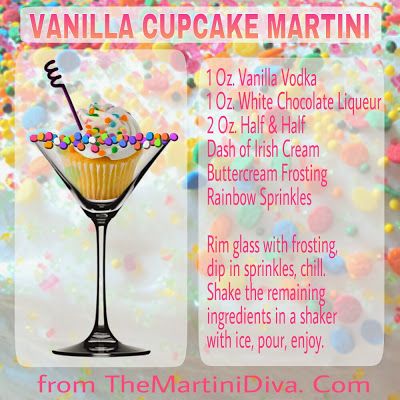 The Vanilla Cupcake Martini for National Vanilla Cupcake Day,  November 10th. Vanilla Vodka Recipes Cocktails, Cupcake Martini, Vanilla Schnapps Drinks, Martinis With Vanilla Vodka, Vanilla Liqueur Cocktails, Vodka Cupcakes, Vodka Recipes Drinks, White Chocolate Liqueur, Movie Night Food