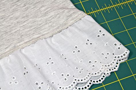 Eyelet Trim Top, How To Add Lace To A Shirt, Adding Lace To Clothes, Diy Lace Trim, Shirt Extender, Hand Sewing Projects, Sewing Lace, Altering Clothes, Refashion Clothes