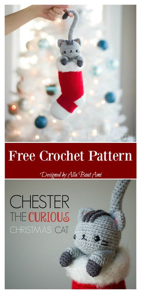 Chester the Christmas Cat Free Crochet Pattern Christmas Cat Crochet Pattern, Crochet Cat Stocking Pattern Free, Crochet Cat Ornament Pattern Free, Christmas Cat Crochet, Cat Free Crochet Pattern, Gato Crochet, Crochet Cats, Chat Crochet, Crocheted Christmas