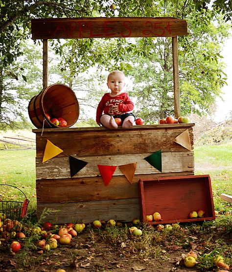 Love my Leo. Fall Apple Stand Apple Stand Photoshoot, Cider Stand, Apple Picking Pictures, Apple Stand, Apple Display, Mini Session Themes, Halloween Toddler Party, Hot Dog Party, Fall Displays