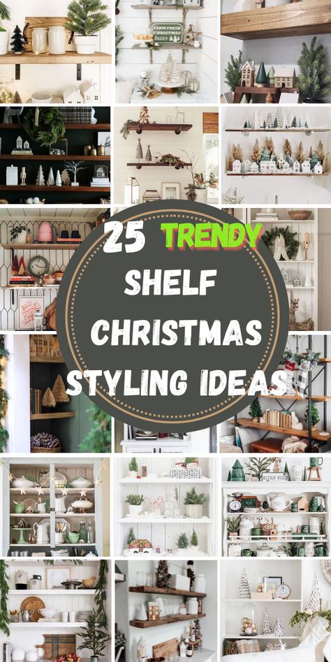 Elevate your holiday decor with Christmas Shelf Styling Ideas! 🎄✨ Combine festive greenery, candles, and ornaments for a balanced look. Add personal touches like seasonal books or mini wreaths to complete the charm! 🌟🕯️ #ChristmasShelves #HolidayStyling #FestiveDecor Christmas Shelf Display, Christmas Decor Display Ideas, Winter Shelf Decor Living Rooms, Christmas Ledge Decorating Ideas, Christmas Bookcase Decorating Ideas, Christmas Wall Shelf Decor Ideas, Winter Shelf Decor Ideas, How To Style A Shelf, Christmas Decor Bookshelves