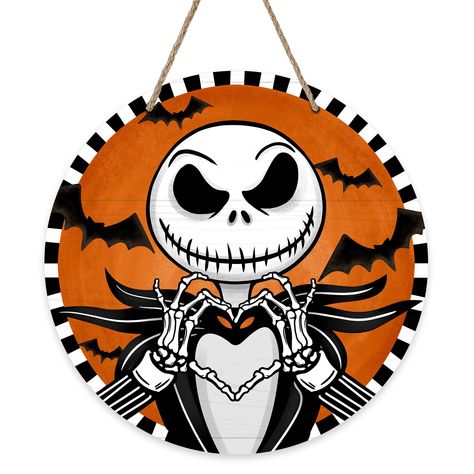 PRICES MAY VARY. Unique Design: Our rustic door pediment design is unique and beautiful. The Jack skeleton, skull, black and white plaid patterns are printed on the wooden board, which is suitable for Halloween, fall, autumn. This farmhouse decor will bring more fun to your house and show the best welcome to your friends Durable Material: This door sign is made of high-quality wooden material, which is durable and can be used in all kinds of seasons. For best longevity, keep out of direct sunlig Happy Valentines Day Sign, Halloween Jack Skellington, Wreath Party, Sign For Front Door, Spooky Wreath, Wooden Wreath, Jack Skeleton, Wreath Indoor, Wood Door Hanger