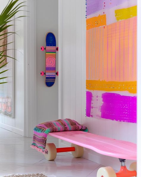 Let’s add some fun to our interior!! Do you love this skateboard bench as much as I do? -> These images are designed with help of AI #creative_by_sabina #aiart #aiartcommunity #aiinterior #interior #interiordesign #interiorinspiration #colorfulliving #interieur #interieurinspiratie #kleurrijkwonen #scandinavianliving #nordicliving #skateboard #skateboarddesign Fun Interior Design Creative, Crazy Interior Design, Skateboard Bench, Girly Apartments, Skateboard Design, Ideas Hogar, Decoration Inspiration, March 17, Malang