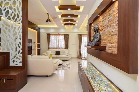 Latest Pooja Room Designs, Stone Cladding Interior, Pooja Room Designs, Partition Wall Design, Buddha Home Decor, Ceiling Design Living Room, Pooja Room Door Design, Room Door Design, Entrance Foyer