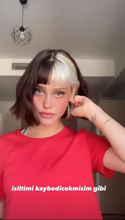 Short Hair With Bangs By Hair Pattern, Split Dyed Hair Short Bob, French Bob Split Dye, Dye Hair With Bangs, Split Dye Bob With Bangs, Bob Split Dye, Cruela Hair, Short Split Dyed Hair With Bangs, Bicolor Bangs