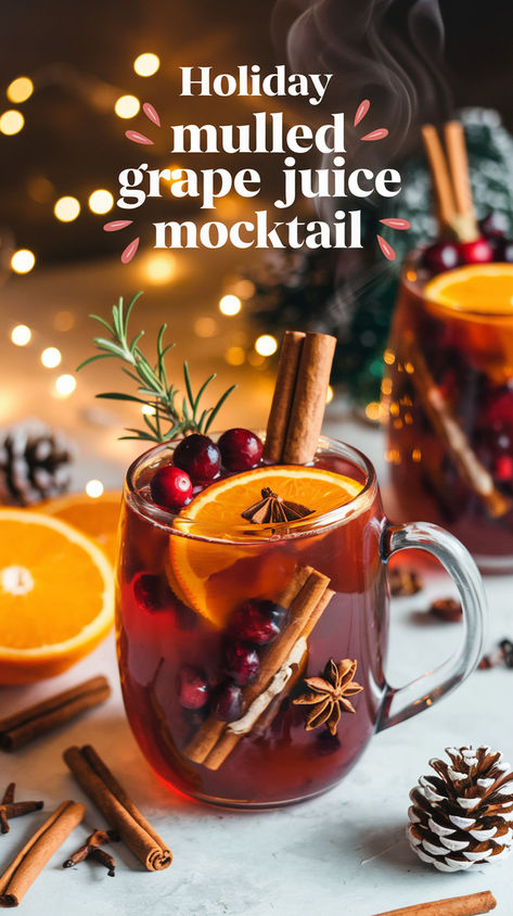 "Warm up your winter gatherings with this delightful Holiday Mulled Grape  Juice Mocktail recipe! Perfect for festive celebrations, this non-alcoholic  drink combines rich flavors and spices to create a cozy drink idea that  everyone will love. Enjoy this delicious festive beverage as a refreshing  alternative to traditional cocktails. Discover the joy of winter drink  recipes that bring warmth and cheer to your holiday season!" Mulled Grape Juice, Winter Beverages Nonalcoholic, Warm Holiday Drinks Nonalcoholic, Christmas Brunch Drinks Non Alcoholic, Warm Non Alcoholic Drinks For Winter, Warm Winter Drinks Non Alcoholic, Warm Christmas Drinks Nonalcoholic, Holiday Non Alcoholic Drinks, Winter Drinks Nonalcoholic