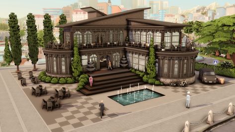 Sims 4 Restaurant Ideas, Sims 4 Restaurant Layout, Sims 4 Modern Restaurant, The Sims 4 Restaurant Ideas, Sims 4 Italian Restaurant, Restaurant In Sims 4, Sims Restaurant, Sims 4 Lounge Lot, Sims 4 Newcrest Restaurant