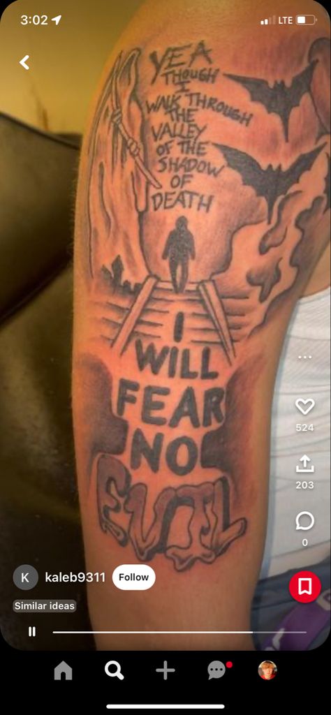 Even Though I Walk Through The Valley Tattoo Men, I Will Fear No Evil Tattoo, Though I Walk Through The Valley Tattoo, Valley Tattoo, Evil Tattoo, Boy Walking, Forearm Sleeve, Mens Shoulder Tattoo, Forearm Sleeve Tattoos