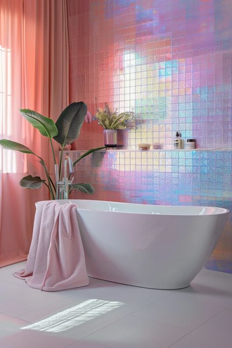 Looking to transform your bathroom? Check out these fabulous iridescent tile bathroom ideas that are sure to bring a sparkling and dreamy vibe to your space! From stunning backsplash designs to creative mosaic patterns, discover how iridescent tiles can elevate your bathroom aesthetic. These trendy ideas are perfect for creating a luxurious atmosphere without breaking the bank. Whether you're into soft colors or bold designs, these inspirations will guide you towards a gorgeous bathroom that feels like a personal oasis. Get ready to indulge your creativity! Holographic Bathroom, Mermaid Inspired Bathroom, Iridescent Tile Bathroom, Opal Bathroom, Pastel Bathroom Ideas, Iridescent Bathroom, Vibes Bathroom, Unique Subway Tile, Sparkle Tiles