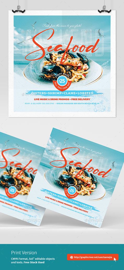 Seafood Flyer Template Seafood Design Graphics, Seafood Social Media Design, Fish Social Media Design, Seafood Graphic Design, Seafood Advertising, Juicy Seafood, Seafood Design, Seafood Bar, Seafood Party