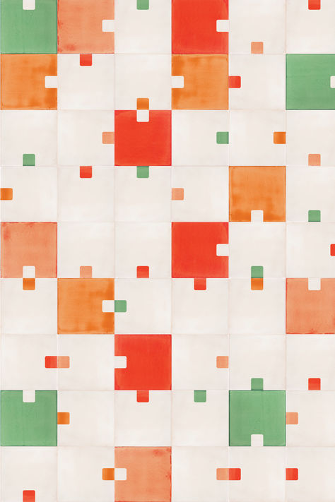 Screen-printed tile design in red, orange and green Orange And Green Tiles, Eclectic Flooring, Tiled Feature Wall, Colourful Tiles, Coloured Tiles, Orange Tile, Ceramic Tile Colors, Ceramic Tile Wall, Orange Tiles