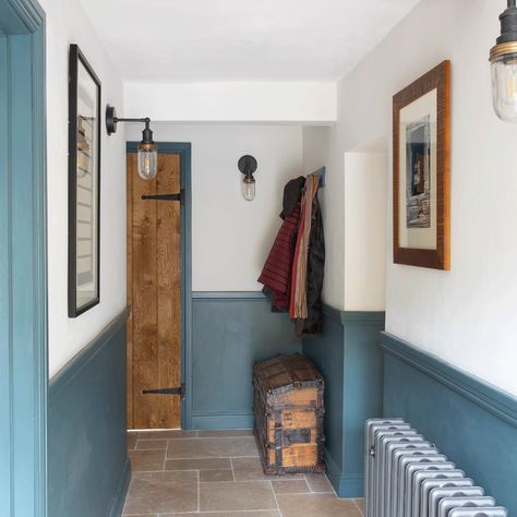 Cottage Hallway Colours, Blue And White Hallway Ideas, Hallway Ideas Two Colours, Half Wall Dado Rail, Panelled Hallway Colour Ideas, Hallway Split Colour, Bright Coloured Hallway Ideas, Dusty Blue Hallway, Dado Rail Colour Schemes