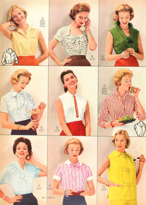 1957 blouses vintage fashion style catalogue shirts yellow blue green white red short sleeve casual sleeveless summer sportswear 50s 60s 1950s Fashion Casual, Mode Rockabilly, 1950s Shirts, Casual White Shirt, 1950s Fashion Women, 1950s Women, Estilo Pin Up, Blouses Vintage, 1950 Fashion