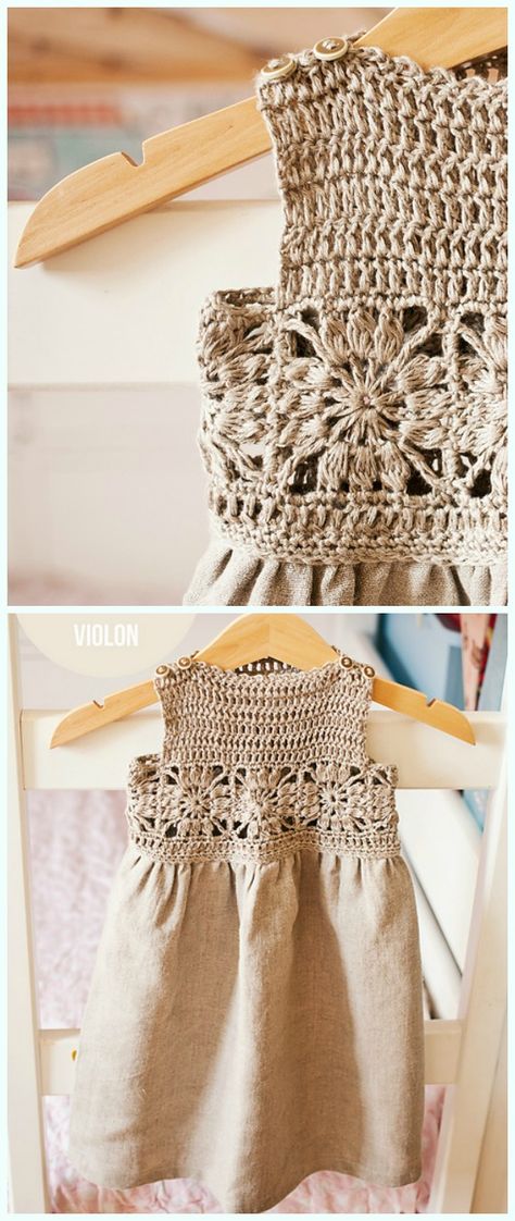 Granny Square Fabric Dress Crochet Free Pattern - Girl #Dress Free #Crochet Patterns Crochet Infant Dress Pattern, Crochet Dress Kids, Granny Square Crochet Dress Pattern Free, Baby Dress Crochet Patterns Free, One Colour Crochet Projects, Granny Square Dress Pattern, Crochet And Fabric Dress, Crochet And Fabric, Granny Square Dress