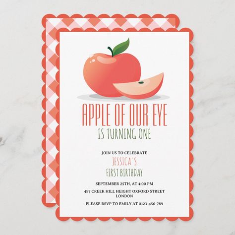 Apple of our Eye Cute First Birthday Apple Of My Eye Party, Apple Of Our Eye Birthday Party, Apple Of My Eye Baby Shower Theme, Apple Of Our Eye First Birthday, Apple Of My Eye Baby Shower Invitations, Fall Parties, Fall Party, First Birthday Invitations, Girl First Birthday