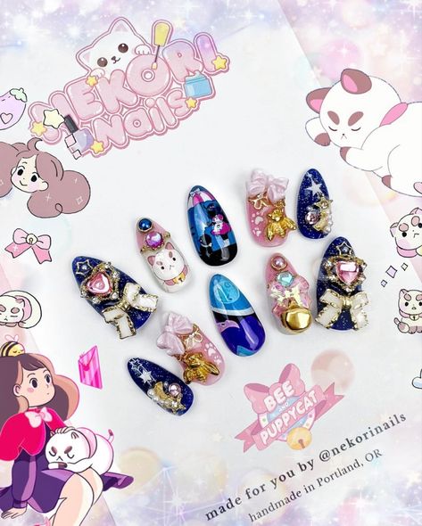 Bee And Puppycat Nails, Press On Designs, Uñas Soft Gel, Bee Puppycat, Bee And Puppycat, Nail Art Inspo, Cute Gel Nails, Cat Nails, Kawaii Nails