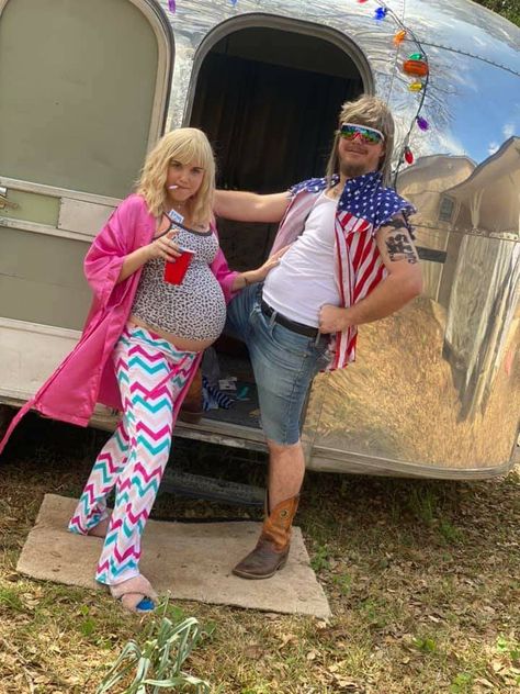 White Trash Pregnant Costume, Trash Bash Outfit, White Trash Bash Costumes, White Trash Makeup Ideas, White Trash Christmas Party Outfit, White Trash Outfit Party Women, American Themed Party Outfit, Red Neck Party Ideas Costume, White Trash Bash Outfit Women