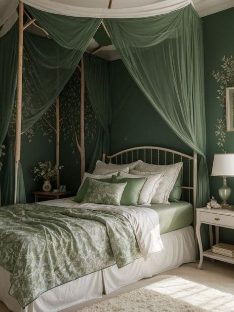 Top Home Designs Revealed: 50 Expert-approved Interior Design Ideas Green Bed Curtains, Hanging Wisteria Decor Bedroom, Green Canopy Bed Curtains, Leafy Canopy Bed, Fairy Forest Room Decor, Fantasy Art Bedroom, Sage Green Bedroom Wall Decor, Green Leafy Bedroom, Green Forest Room Aesthetic