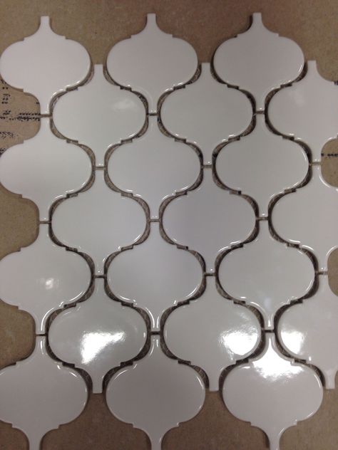 White porcelain Moroccan print mesh tiles (Vaughn White Gloss Ogee Mosaic #526292 $6.98 <1 sq. ft.> @ Lowes) for backsplash Ogee Tile, White Mosaic Tile, Circle Tiles, Moroccan Bathroom, Kitchen Facelift, Moroccan Print, Ogee Pattern, White Mosaic, Master Bath Remodel