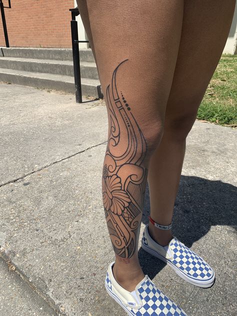 Leg Tattoos That Wrap Around, Island Sleeve Tattoos For Women, Polynesian Tattoo Designs For Women Leg, Island Leg Tattoo, Leg Maori Tattoo, Polynesian Leg Tattoos Women, Tamoko Women, Tropical Tattoos For Women, Polynesian Leg Tattoo