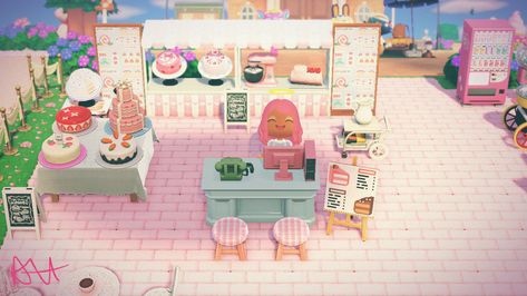 Acnh Sanrio Cafe, Animal Crossing Sanrio Cafe, Cafe Menu Acnh, Acnh Cinnamoroll Cafe, Acnh Cafe Designs, Animal Crossing Ice Cream Shop, Pink Cafe Animal Crossing, Hello Kitty Cafe Acnh, Bakery Custom Design Animal Crossing