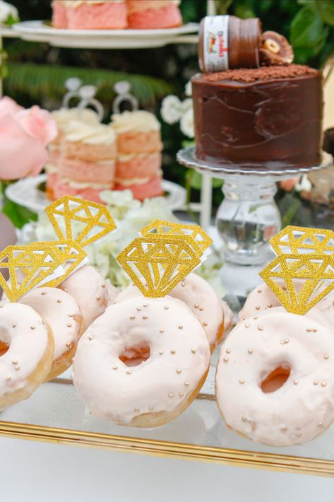 Doughnut Bridal Shower Ideas, Donuts And Diamonds Bridal Shower Ideas, Donut Bachelorette Party, Donut Themed Bridal Shower Ideas, Bridal Shower Donuts Ideas, Pop The Champagne Bridal Shower Ideas, Donut Bridal Shower Ideas, Bachelorette Dessert Ideas, Bridal Shower Champagne Theme