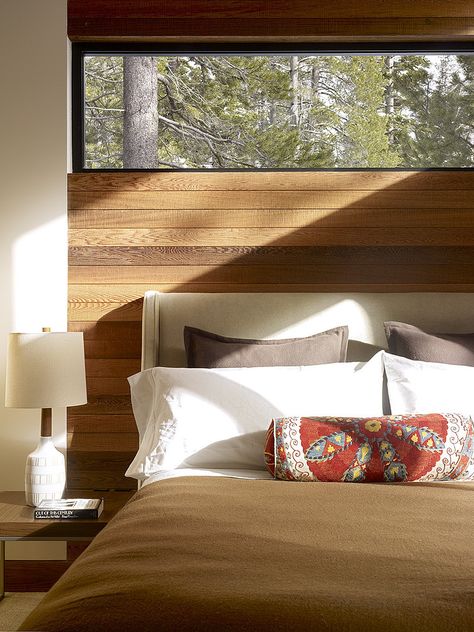 Sugar Bowl Residence by John Maniscalco Architecture #architecture #house #home #interior #design Window Above Bed, Window Behind Bed, Modern Log Cabin, Wood Houses, Living Room Upholstery, Modern Mountain Home, Clerestory Windows, Bedroom Windows, Modern Cabin