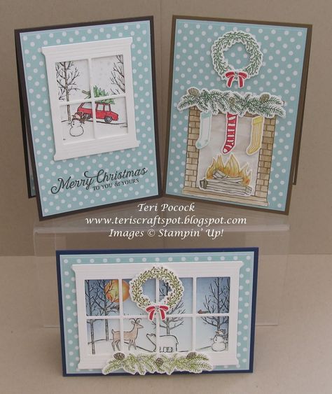 Stampin Up Hearth And Home Cards, Stampin Up Hearth And Home Framelits, Hearth And Home Stampin Up Cards, Stampin Up Happy Scenes, Fireplace Cards, Festive Fireplace, Hostess Club, Chrismas Cards, Fun Christmas Cards