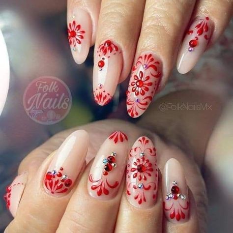 Latin Nail Art, Red Nails Mexican, Mexican Inspired Nail Art, Red Mexican Nails, Papel Picado Nails, Folk Art Nails, Mexican Inspired Nails Mexico, Spanish Tile Nails, Spanish Nails