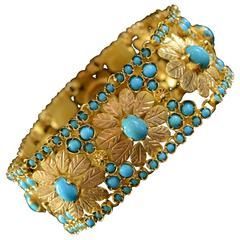 Persian Turquoise Encrusted Gold Flower Link Bracelet Native American Turquoise Jewelry, Persian Turquoise, Turquoise Jewelry Native American, Antique Bracelets, Jewelry Turquoise, Jewelry Bracelets Gold, Antique Gold Jewelry, Native American Turquoise, American Turquoise