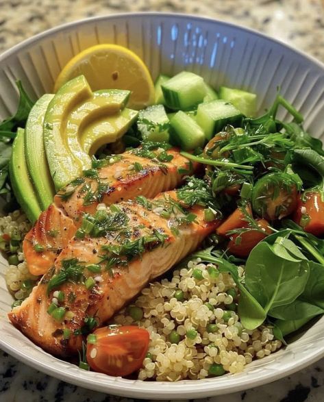 Lemon Herb Salmon, Salmon And Avocado, Herb Salmon, Salmon Quinoa, Salmon Rice, Avocado Quinoa, Healthy Bowls, Quinoa Bowl, Lemon Herb