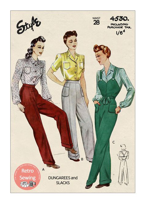 1940s Wartime, 1940s Blouse, Forties Fashion, Sewing Guide, Rockabilly Style, Lucky Ladies, Vintage Trousers, Vestidos Vintage, Little Outfits