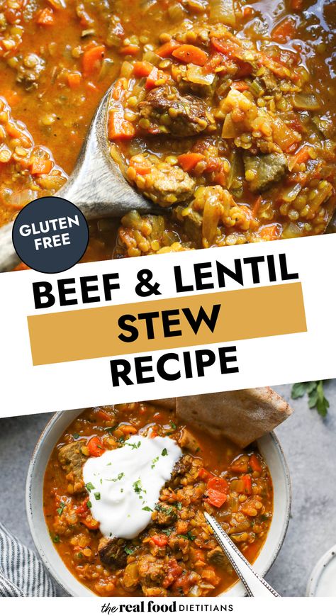 Collage of beef and lentil stew in slow cooker and in white bowl topped with yogurt and naan bread. Beef Lentil Soup Recipe, Beef And Lentil Stew, Easy Lentil Stew, Beef And Lentil Stew Slow Cooker, Steak And Lentil Soup, Beef Lentil Stew, Beef Lentil Soup, Lentil Stew Recipes, Entree Dishes