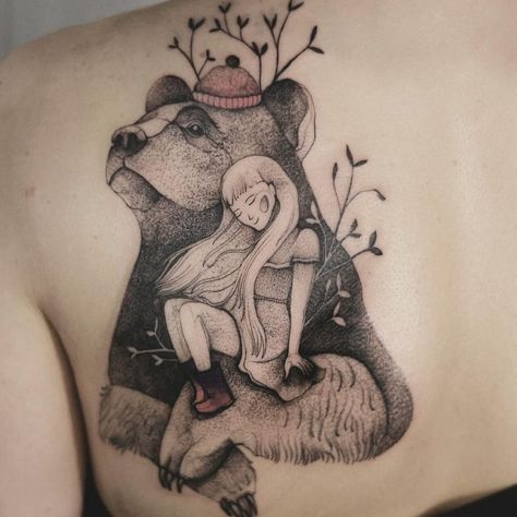 Tattoo by Joanna Świrska aka Dzo Lama #JoannaSwirska #DzoLama #illustrative #nature #sketch #linework #dotwork #bear #girl #leaves #friends #cute #watercolor Baby Bear Tattoo, Bear Paw Tattoos, Pirate Ship Tattoos, Tattoo Script Fonts, Baby Tattoo Designs, Literary Tattoos, Friends Cute, Bear Tattoos, Triangle Tattoos