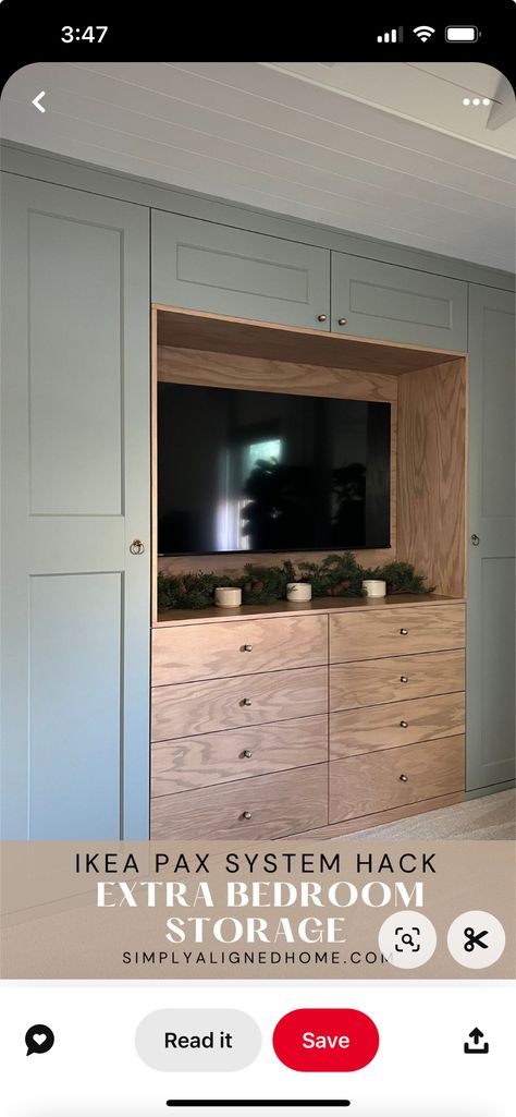 Ikea Closet With Tv, Built Ins In Master, Pax Wardrobe Tv, Built In Tv Closet, Ikea Wardrobe With Tv Space, Diy Ikea Built Ins Bedroom, Bedroom Tv Wardrobe Built Ins, Ikea Hack Cabinets Built Ins, Ikea Wardrobe With Tv