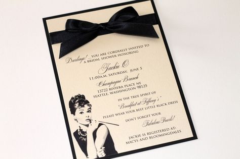 Audrey Hepburn Bridal Shower Invitation - Breakfast at Tiffanys invitation - Ivory and Black - Sample Audrey Hepburn Bridal Shower Invitation - Breakfast at Tiffanys invitation - Ivory and Black - Sample Audrey Hepburn Party, Breakfast At Tiffany's Dress, Breakfast At Tiffanys Party Ideas, Breakfast At Tiffany's Bridal Shower, Honeymoon Shower, Mimosa Brunch, Kitchen Bridal Shower, Tiffany Bridal Shower, Audrey Hepburn Inspired