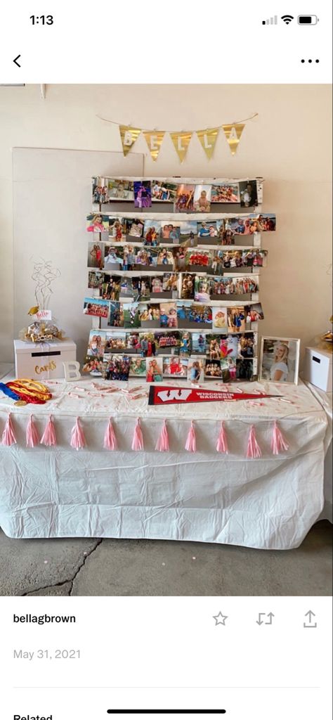 Simple Senior Table Ideas, Pictures Graduation Party, Grad Tables Ideas, Grad Picture Board Ideas, Card Table Graduation Party, Grad Picture Display Ideas, Grad Party Pallet Backdrop, Grad Party Picture Boards, Open House Graduation Party Ideas