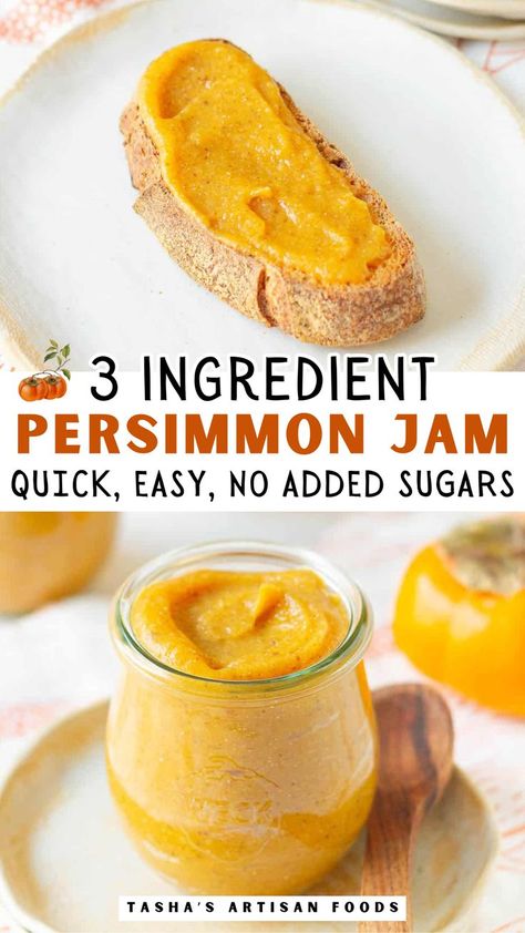 3 ingredient Persimmon jam being served Healthy Persimmon Recipes, Persimmon Recipes Desserts, Recipes With Persimmons, Persimmon Jelly Recipe, Persimmon Dessert, Persimmon Jam Recipe, Persimmon Jam, Baking Healthy, Persimmon Recipes