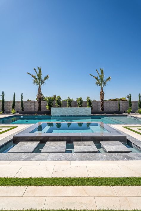 Pool Envy! 💚 The Patel Residence is one of our favorite projects to date...inside and out! What do you think of this gorgeous pool? Rectangle Modern Pool, Swimming Pools Kendrick Lamar, Kendrick Lamar Swimming Pools, Types Of Pools, Desert Pool, Small Pools Backyard, Desert Backyard, Pool Plumbing, Pool Play