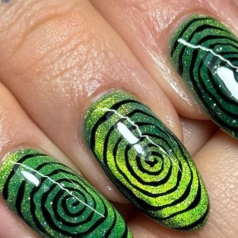 Green White Black Nails, Black Green Nails, Swirly Twirly Gumdrops, Green Black Nails, Green Halloween Nails, Black And Green Nails, Butter Nails, Green And Black Nails, Cuticle Butter