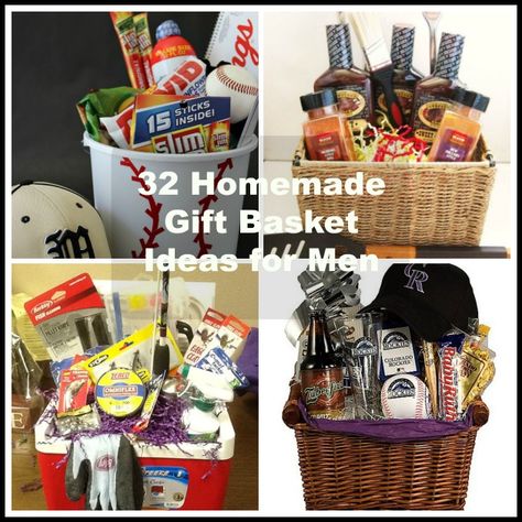 Looking for a great DIY gift idea for your husband, boyfriend, Dad, brother or male friend? We've got 32 homemade gift basket ideas for men here! Gift baskets are a terrific gift, especially because you can customize them. Include your sweetie's favorite colors or special foods and treats. Personalize it by writing not only their name, but a message on it, wishing them a Happy Birthday or holiday greeting on the basket. One thing we know you'll appreciate, is that there are a wide variety of ... Men Gift Baskets, Homemade Gift Basket Ideas, Gift Basket Ideas For Men, Christmas Gifts Diy Homemade, Raffle Ideas, Diy Lampshade, Homemade Gift Baskets, Hamper Ideas, Baskets Ideas