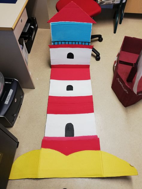 How To Make A Lighthouse, Breaker Rock Beach Bulletin Board, Cardboard Lighthouse, Diy Light House, Jonah Vbs, Lighthouse Craft, Cardboard Village, Diy Lighthouse, Baby Art Crafts