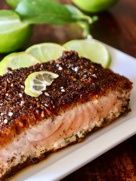 This Mexican Salmon is flavored with lime and a blackened crust made of aromatic and delicious spices: Ancho chile, garlic, onion and oregano. It's super easy for a busy weeknight and super impressive for a weekend dinner party. #salmon #Mexicansalmon #blackenedfish #oregano #limes #onions #anchochiles #fishdinner #garlic Mexican Salmon Recipes, Mexican Salmon, Blackened Salmon Recipes, Bday Dinner, Blackened Salmon, Vegetable Quinoa, Lime Recipes, Dream Food, Mexican Spices