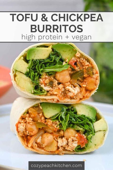 This high-protein vegan tofu burrito features seasoned and simmered tofu with chickpeas. The tofu filling and burritos are versatile and make great freezer burritos! Tofu Burrito, Seasoned Tofu, Vegan Protein Options, Freezer Burritos, Vegan Burritos, Burrito Recipes, Vegetarian Burrito, Vegetarian Taco, Vegan Casserole