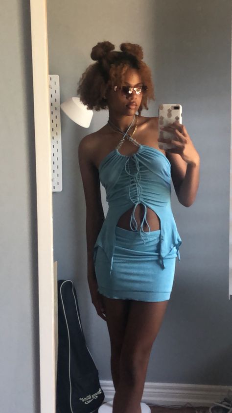 Blue 2 piece set | blue y2k outift |y2k summer inspo | mini skirt | cross body top| butterfly style top | summer outfits | Summer Set Outfits, Summer Outfits Blue, Set Aesthetic, Bloom Winx, Top Summer Outfits, Y2k Summer Outfits, Outfits Baggy, Blue Y2k, Butterfly Style