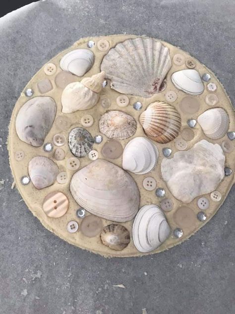 Shell Stepping Stones, Mosaic Stepping Stone, Step Stones, Diy Step, Stepping Stones Diy, Shell Crafts Diy, Sea Crafts, Mosaic Ideas, Stones Diy