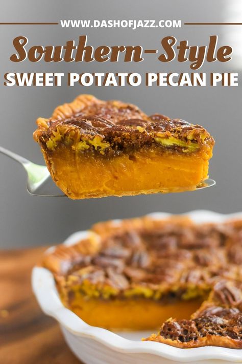 Two classic southern Thanksgiving dessert recipes meet in one perfect pie with distinct bourbon sweet potato and pecan layers. Wondering how to make pecan pie? Here's the best recipe. You'll also get a southern sweet potato pie recipe and learn how to make the perfect Thanksgiving pie with both from Dash of Jazz #dashofjazzblog #pecanpierecipesouthern #pecanpierecipeeasycornsyrup #sweetpotatopierecipessouthern #sweetpotatopecanpierecipesouthern Pecan Pie With Bourbon, Southern Sweet Potato Pie, Sweet Potato Pecan Pie, Pecan Pie Recipe Southern, Bourbon Sweet Potatoes, Sweet Potato Dessert, Apple Pie Bread, Sweet Potato Pie Southern, Mexican Desserts