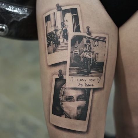 Polaroid Picture Tattoo, Portrait Tattoo Sleeve, Brothers Tattoo, Dragons Tattoo, Polaroid Picture, Back Of Shoulder Tattoo, Family Tattoos, Tattoo Outline, Creative Tattoos