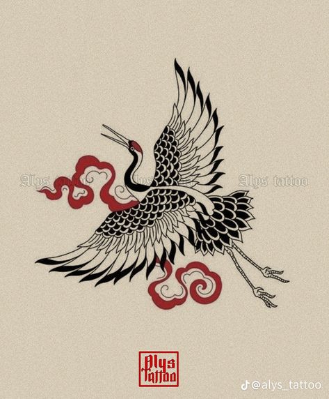 Japanese Cranes Tattoo, Korean Crane Tattoo, Crane Chest Tattoo, Crane Japanese Tattoo, Heron Tattoo Traditional, Japanese Crane Tattoo Design, Traditional Crane Tattoo, Japan Tattoo Ideas, Traditional Cherub Tattoo